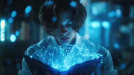 Medium shot of a digital forensics analyst uncovering hidden data within a blue digital folder, surrounded by wireframe reconstructions - obrazy, fototapety, plakaty