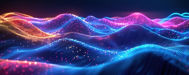 Medium shot of a digital landscape illuminated by a neon blockchain pattern, with curves adding depth and motion - obrazy, fototapety, plakaty