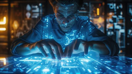 Medium shot of a digital forensics analyst uncovering hidden data within a blue digital folder, surrounded by wireframe reconstructions