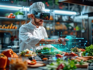 Medium shot of a chef in VR navigating through a holographic interactive recipe creation tool