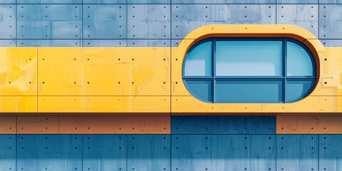 Flat wall, futuristic, space ship, cyberpunk, with metal window, in shades of blue and gray with yellow details. 3D rendering concept design illustration.