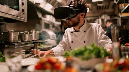 Medium shot of a chef experimenting with virtual reality food pairing techniques