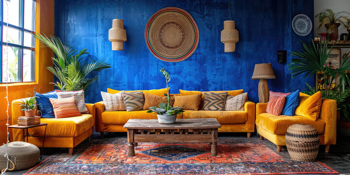 A vibrant living room with walls painted in royal blue, adorned in the style of an orange sofa and rustic coffee table, complemented by lush green plants. Created with Ai
