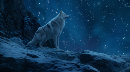 white fox  in the abyss of a mountain surrounded by stars with northern light the atmosphere is warm,