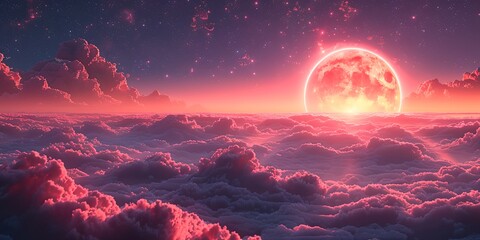 A pink moon is in the sky above a cloudy sky