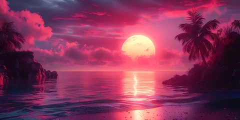 Gordijnen A beautiful sunset over the ocean with a large red and yellow sun. The sky is filled with pink and purple clouds. The water is calm and the beach is empty. The scene is peaceful and serene © inspiretta