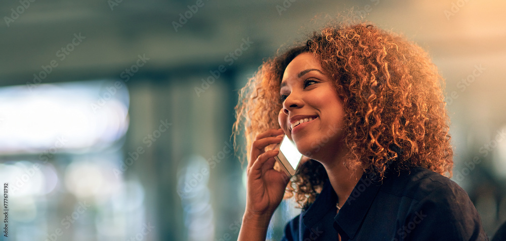 Poster Happy, business woman and talking in phone call, night and working late, communication and technology. Office, professional and African female person, speaking and smile on face, mobile and network