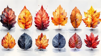 Autumn leaves in watercolor and modern format - obrazy, fototapety, plakaty