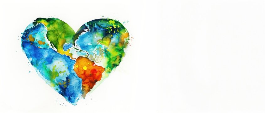 Heart-shaped earth in watercolor on white background with copy-space