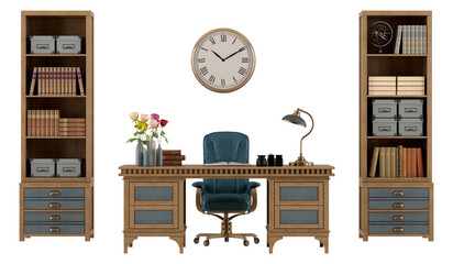 Stylish wooden desk set with chair, bookcases, and decorative accents, set against a clean white background- 3d rendering - 777670980