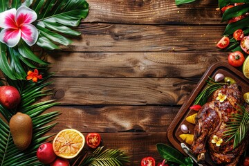 Caribbean roast meat with tropical fruits, tropical leaves and flowers, space for text