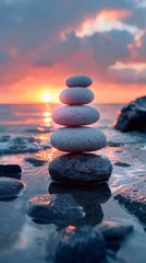 Foto op Plexiglas Tranquil Sunset Seascape with Balanced Stone Cairn Generative AI © AlexandraRooss