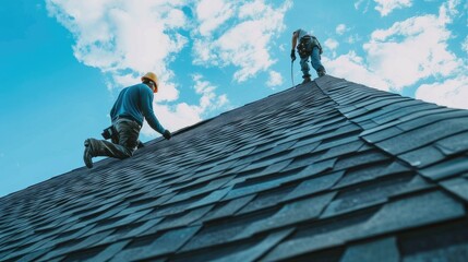 Witness skilled roofers atop a pitched roof, meticulously installing shingles with precision and teamwork.