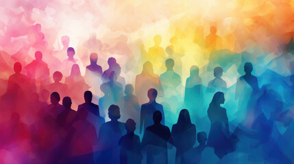 Illustration of crowd of a group of diverse people as silhouettes in rainbow colors, isolated on white background, watercolor ink splash.