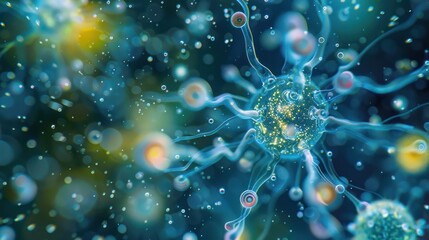 Close-up of a microplastic particle surrounded by neon plankton, highlighting the issue of pollution in microscopic ecosystems