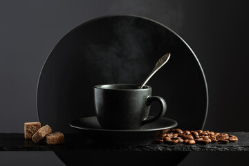 Cup of black coffee with coffee beans and brown sugar.