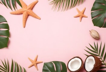 Fototapeta na wymiar Summer flat lay background. on pink