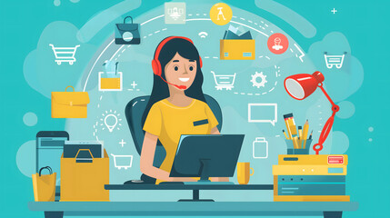 a customer service girl with a headset sitting at a desk and working on a computer, surrounded by icons representing an online shopping experience