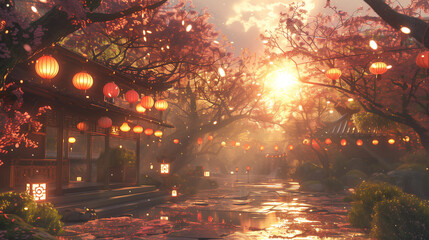sunny nature scene, adorned with stage lights and small Japanese lanterns, spring is in the air