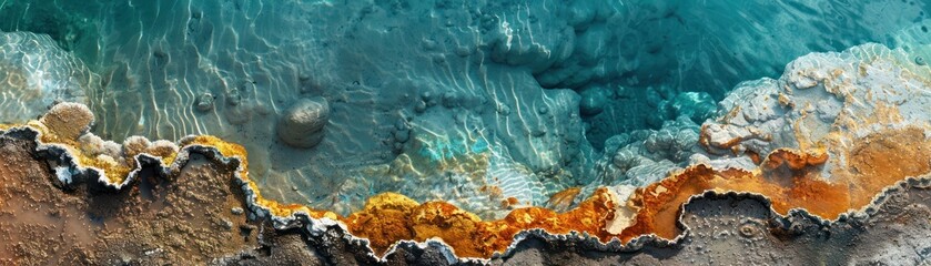 Close-up of a hydrothermal spring's edge, where the hot water meets the cool ground, highlighting the temperature gradient - obrazy, fototapety, plakaty