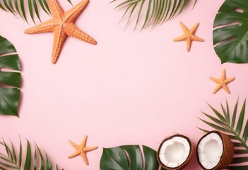 Summer flat lay background. on pink