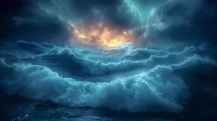 Fotobehang violent waves in north sea,Crazy storm,Thunder, dark, background © Jirut