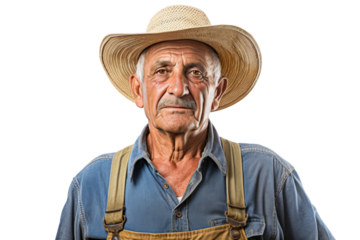 Portrait studio shot of mature senior Farmer man weaning straw hat isolated on transparent png background, person look at camera, agriculture worker.