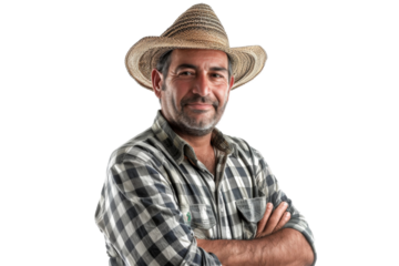 Portrait studio shot of mature senior Farmer man weaning straw hat isolated on transparent png background, person look at camera, agriculture worker.