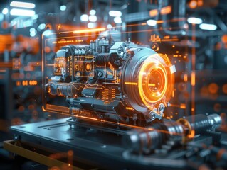 Obraz premium Close-up of a digital hologram displaying engine performance metrics, floating above a mechanical engine