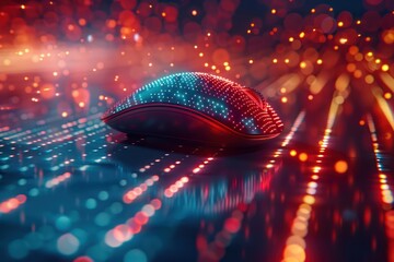 Close-up of a computer mouse clicking on a holographic download icon, with a backdrop of fast-moving digital code - obrazy, fototapety, plakaty