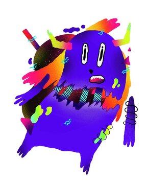 A scared blue creature with colored horns
