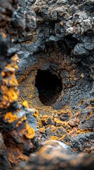 A volcanic lava tube in a natural wonder sculpted by the power of nature. A volcanic lava tube with complex formations and dark, twisted walls.
