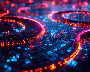 Close-up of a blockchain encryption process, visualized as neon curves locking into place on a grid