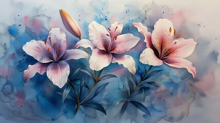 Painting in watercolors. Lilies in pastel