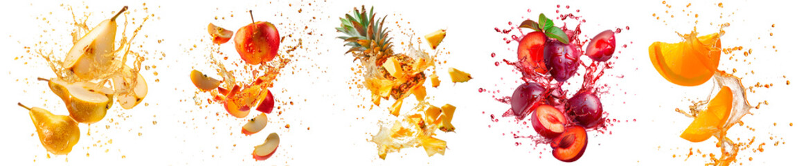 Fruit explosion, slices and splashes of fruit fly in different directions, isolated on transparent background. Plum, orange, pear, pineapple, apple explode and fall into pieces with juice splashing.
