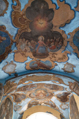 Preserved fragments of ancient frescoes on the ceiling of the large arched opening of the Holy Gate. The Spaso-Prilutsky Monastery. 16th century. Vologda, Russia