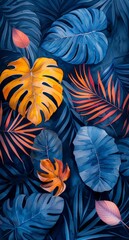 Abstract Tropical Watercolor Leaves in Navy and Brown Generative AI