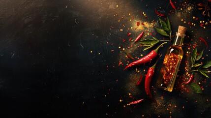 a spicy condiment, crafted from a blend of fresh hot peppers, dry chili flakes, and zesty oil, showcased against a dark background with ample copy space for your message.