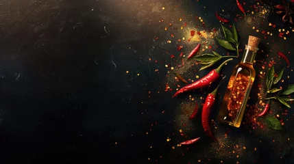 Fotobehang a spicy condiment, crafted from a blend of fresh hot peppers, dry chili flakes, and zesty oil, showcased against a dark background with ample copy space for your message. © lililia