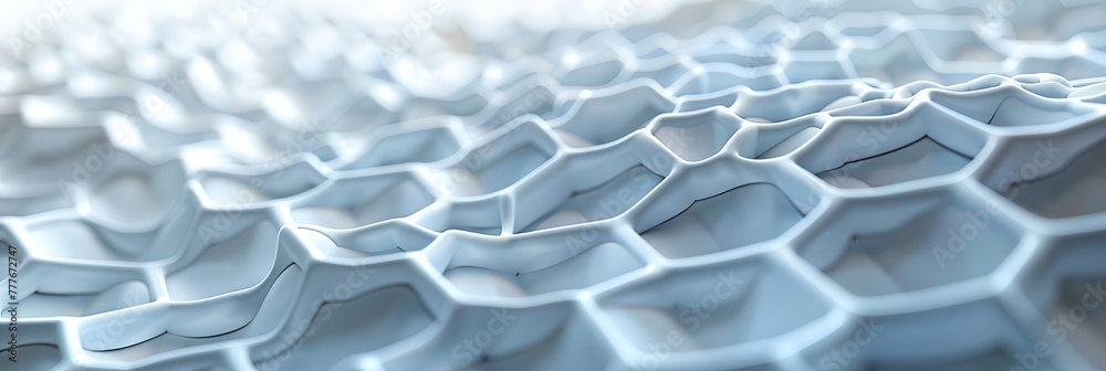 Poster close up of a white surface with a pattern of hexagons. the image has a futuristic and abstract feel