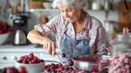 old lady granny cooking a raspberry and blueberries dessert in the kitchen, homemade dessert - obrazy, fototapety, plakaty