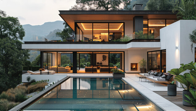 A stunning modern house with large windows, set against the backdrop of majestic mountains and lush greenery, featuring an outdoor pool area with loungers by its side. Created with Ai