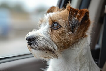 A dog with a brown and white face is looking out the window of a car