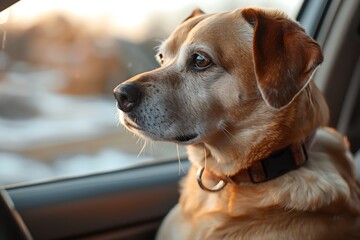 A dog is sitting in a car window, looking out at the world. The dog appears to be enjoying the view and the feeling of the wind blowing through its fur