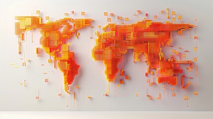 World map mosaic consisting of pixels in different shades of orange