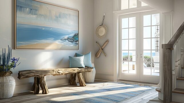 a serene entryway adorned with a driftwood bench, nautical artwork, and beachy accents, capturing the essence of seaside charm.