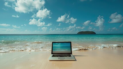 enticing visual of a laptop against a scenic beach backdrop, epitomizing the freedom and relaxation of digital nomad lifestyle amidst vacation. - obrazy, fototapety, plakaty