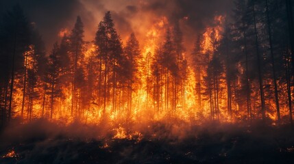 Scary large forest fire, disaster concept, natural disaster, global warming