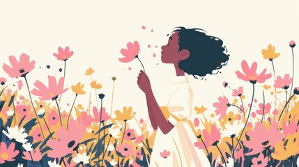 Confident Multiracial Woman Admiring Cosmos Flowers Field Generative AI