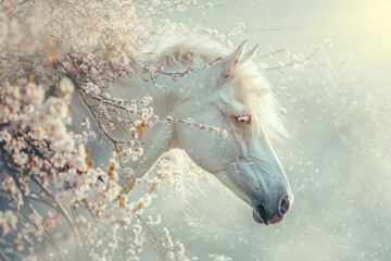 White horse on a white background among flowering branches of cherry trees - 777674536